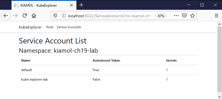 Kube Explorer browsing Service Accounts in the lab namespace
